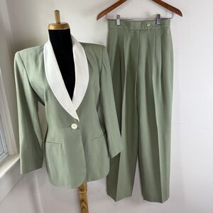 Vintage 90s Sage Green Power Suit Set | High Waisted Trousers Shawl Collar